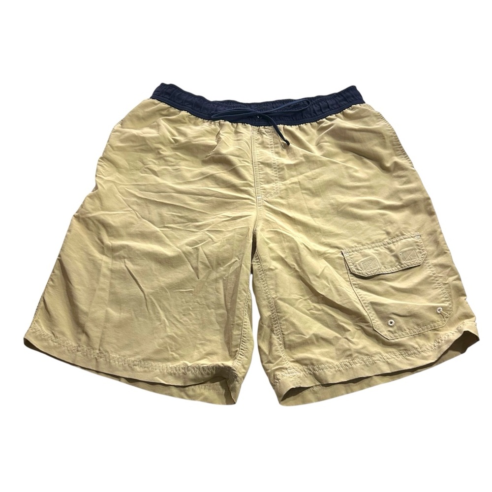 LL Bean Mens Beige & Blue Swimming Trunks Shorts Sz M Elastic Waist Mesh Lined
